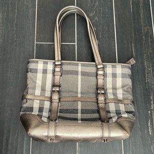 Burberry Glitter Smoke Tote Bag Purse Gray Black Plaid
